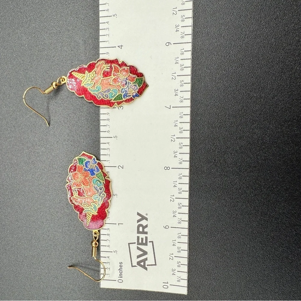 Rare Unicorn Cloisonne Dangle Earrings - Red, Gold, Blue